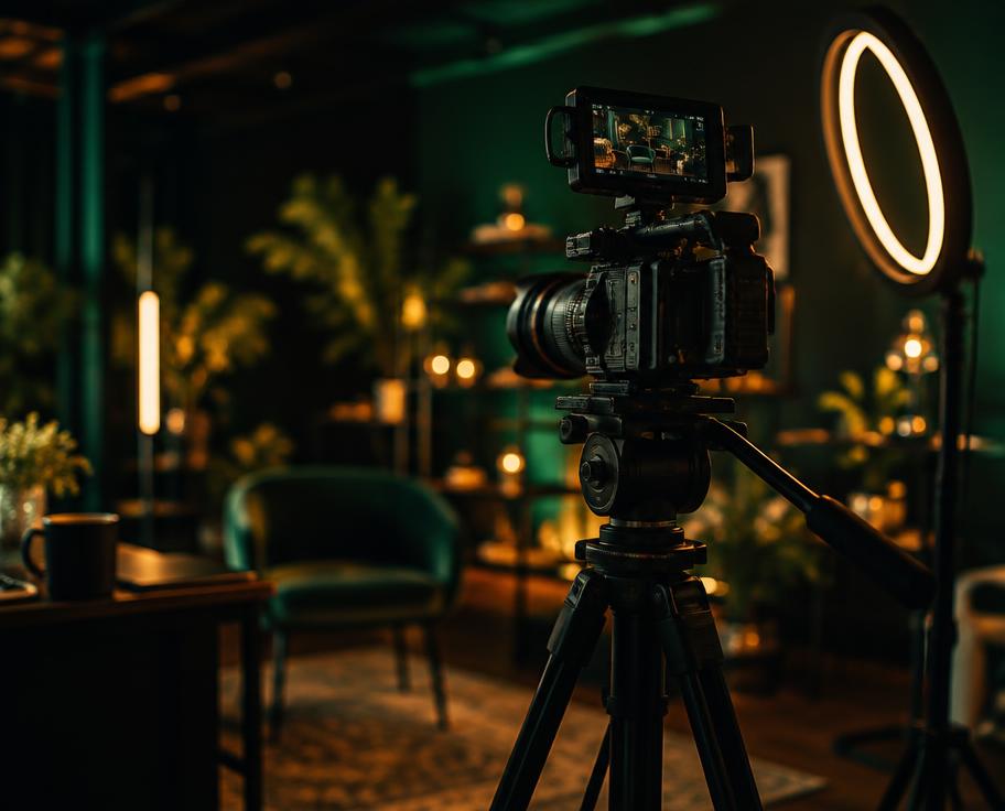 A video camera and ring light in a creator studio