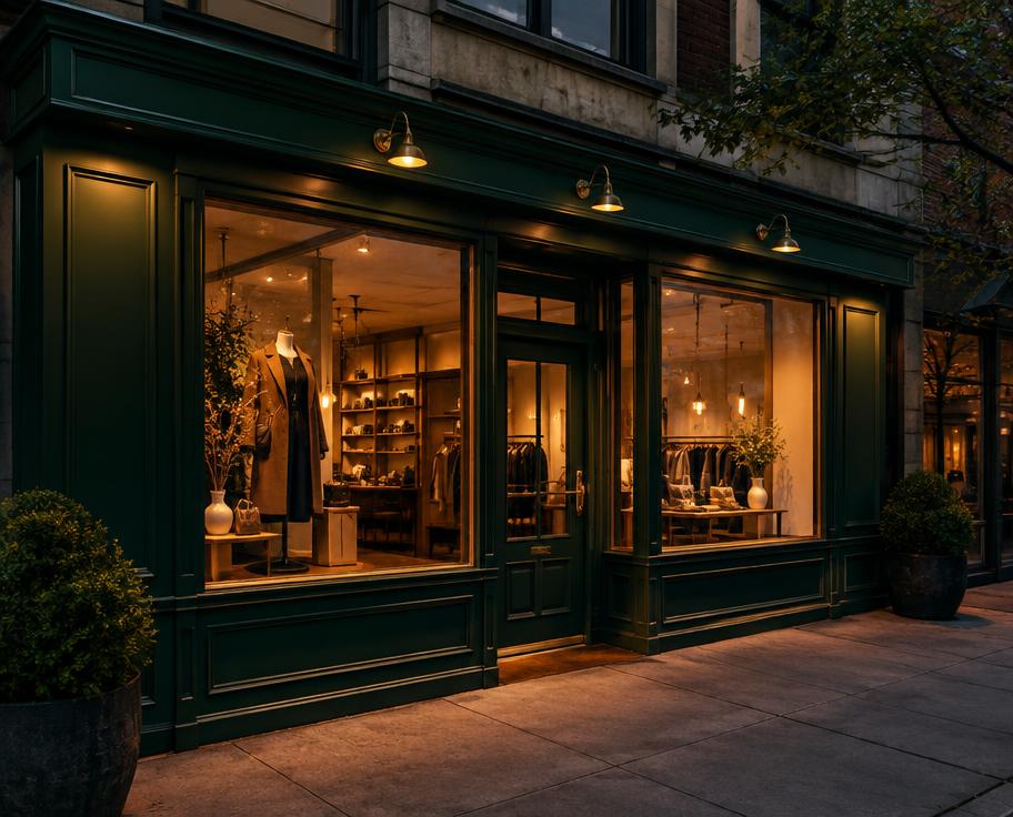 A boutique storefront lit in the evening