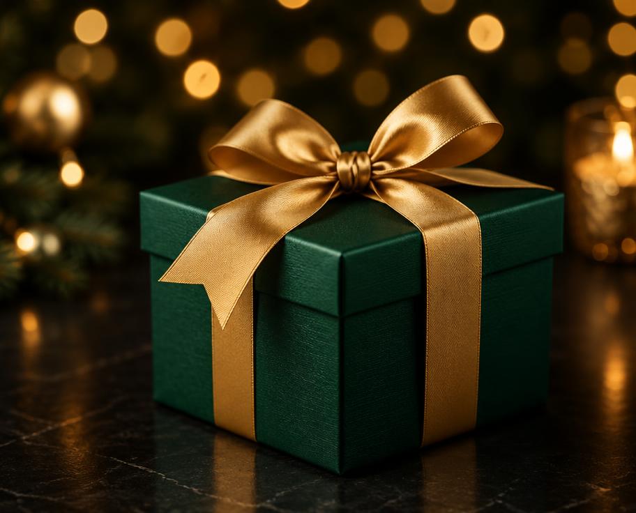 A green gift box tied with a gold ribbon
